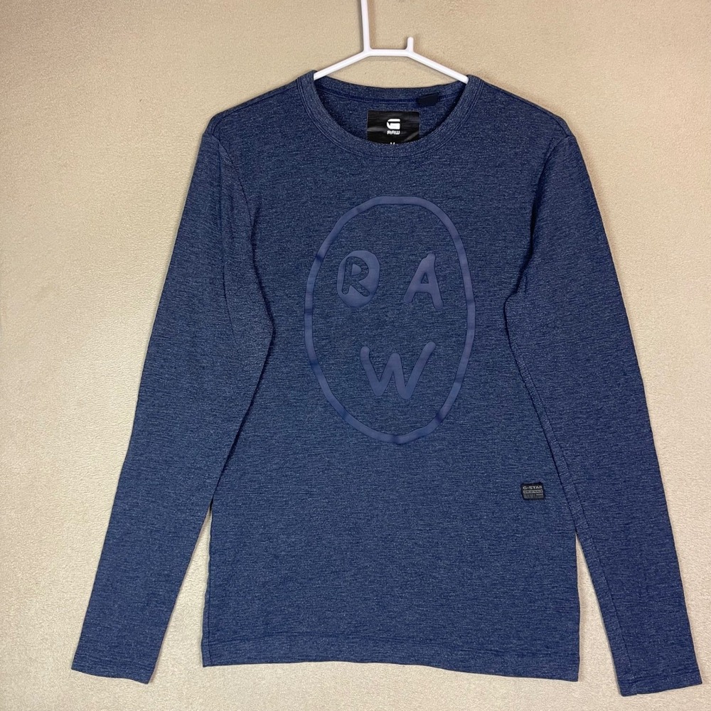 G-Star Raw T-Shirt Mens M FLENQ R T L/S Navy Blue Embossed Logo EUC